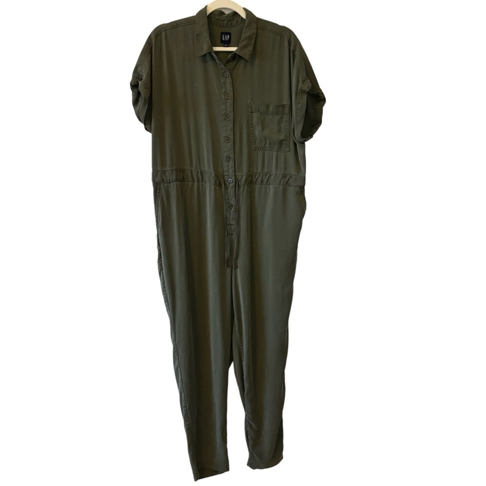 GAP Army Jacket Green Lyocell Button Down Short Sleeve Tie Waist Jumpsuit 16